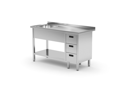 Stół ze zlewem jednokomorowym z lewej strony z blokiem trzech szuflad i półką 1700x600x850 mm | TECHNICA, 2163L1760