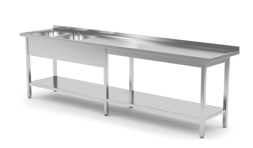 Stół ze zlewem dwukomorowym z lewej strony z półką 2800x600x850 mm | TECHNICA, 2236L2860