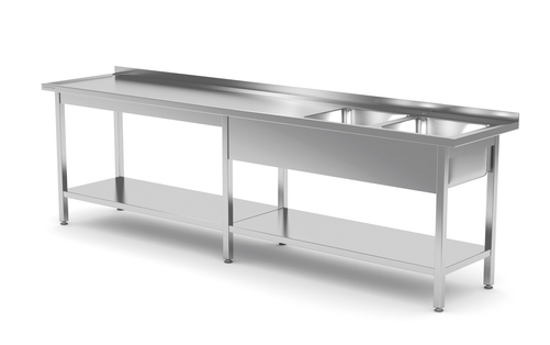 Stół ze zlewem dwukomorowym z prawej strony z półką 2600x700x850 mm | TECHNICA, 2236P2670