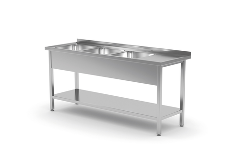 Stół ze zlewem trzykomorowym z lewej strony z półką 1500x700x850 mm | TECHNICA, 225L1570