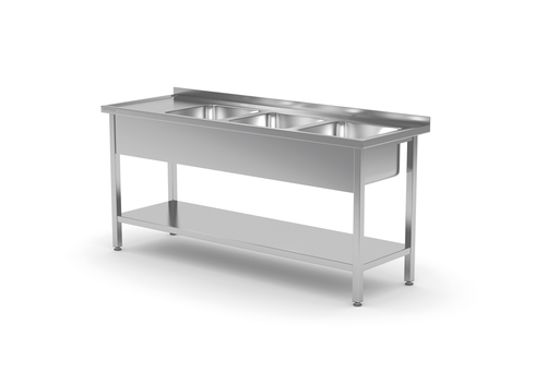 Stół ze zlewem trzykomorowym z prawej strony z półką 1800x700x850 mm | TECHNICA, 225P1870