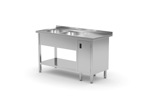 Stół ze zlewem dwukomorowym z lewej strony z szafką i półką 1400x700x850 mm | TECHNICA, 227L1470