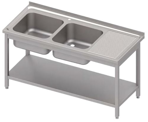 Stół ze zlewem dwukomorowym z lewej strony i półką, 1300x600x850 mm | STALGAST, 983176130