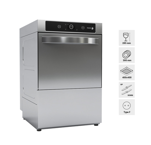 Zmywarka do szkła ze zmiękczaczem i dozownikiem detergentu, kosz 400x400 mm, 466x535x725 mm, 3,49 kW | FAGOR, Concept Plus