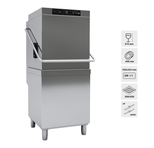 Zmywarka kapturowa z wbudowanym zmiękczaczem, pompą spustową i dozownikiem detergentu, kosz 500x500 mm, 630x750x1545 mm, 11,85 kW | FAGOR, Advance