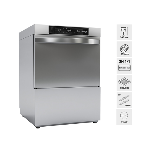 Zmywarka podblatowa z wbudowanym zmiękczaczem, pompą spustową i dozownikiem detergentu, kosz 500x500 mm, 600x635x847 mm, 4,9 kW | FAGOR, Advance