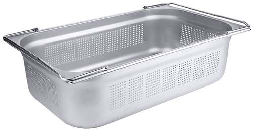 Pojemnik GN 1/1 perforowany z uchwytami składanymi, stal nierdzewna 18/10, sztaplowalny, głębokość 150 mm, inox | CONTACTO, 6211/150