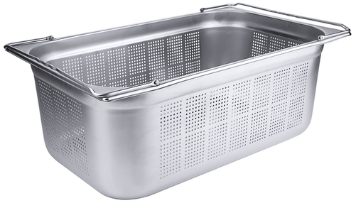 Pojemnik GN 1/1 perforowany z uchwytami składanymi, stal nierdzewna 18/10, sztaplowalny, głębokość 200 mm, inox | CONTACTO, 6211/200