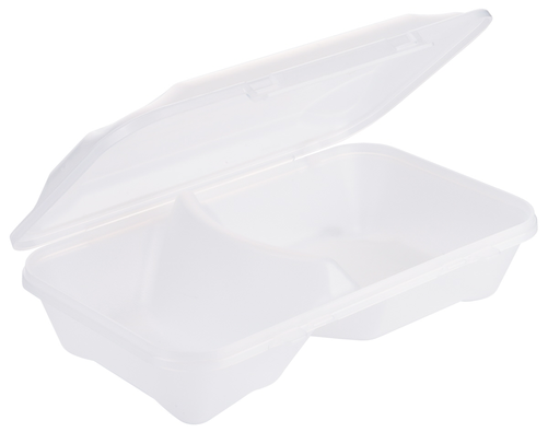 Pojemnik wielokrotnego użytku GN 1/4, z 2 przegrodami, z niską pokrywą, o pojemności 0,3/0,7 l, sztaplowalny, polipropylen WE*TURN®, 265x162x65 mm, przezroczysty/biały | CONTACTO, 1182/140