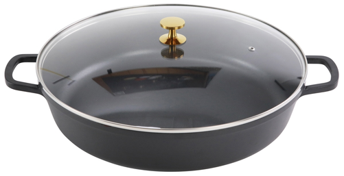 Patelnia głęboka okrągła AluChef®, aluminium odlewane, indukcja, szklana pokrywa, ø400x85 mm, czarna | CONTACTO, 6983/408