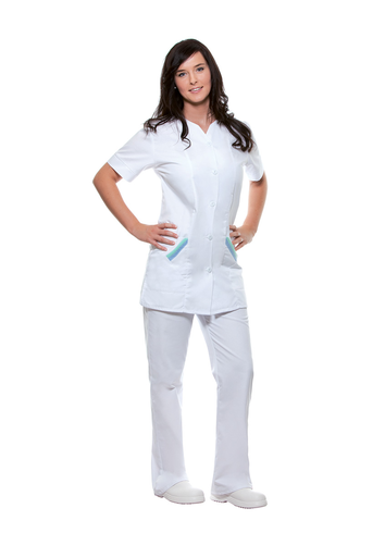 Kitel medyczny z krótkim rękawem i kieszeniami z kolorowa wstawką, rozmiar 48, biała | KARLOWSKY, Melanie