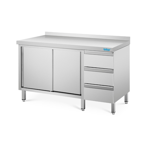 Stół roboczy przyścienny z rantem, blokiem 3 szuflad po lewej stronie i szafką z drzwiami suwanymi, ze stali nierdzewnej, 1600x600x850 mm | RILLING, SS 0616C S3L0