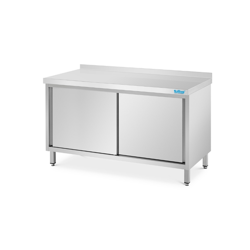 Stół roboczy przyścienny z rantem i drzwiami suwanymi, ze stali nierdzewnej, 1000x700x850 mm | RILLING, SS 0710C 0000