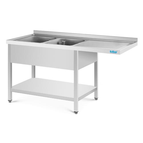 Stół ze zlewem 2-komorowym po lewej stronie, wydłużony ociekacz, półka, ze stali nierdzewnej, 1500x600x850 mm | RILLING, ST C615C 2LTZ