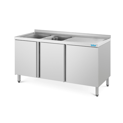 Stół ze zlewem 2-komorowym po prawej stronie i szafką z drzwiami skrzydłowymi, ze stali nierdzewnej, 1500x600x850 mm | RILLING, ST 0615C 2RSF