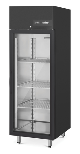 Szafa chłodnicza, 1-drzwiowa, ze stali malowanej, drzwi przeszklone, GN 2/1, 650 l, 0,26 kW, 695x810x2020 mm, czarna | RILLING, Linia 650