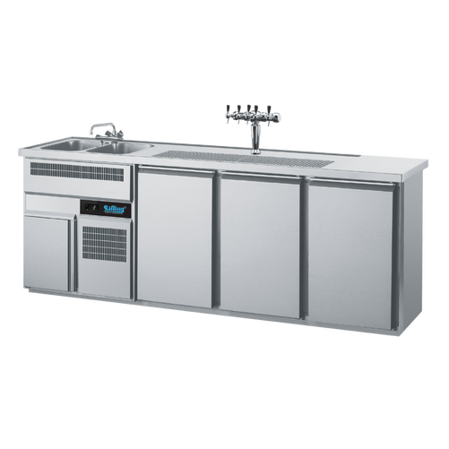 Barowy stół chłodniczy, 3-drzwiowy, ze zlewem 2-komorowym po lewej stronie, własne chłodzenie, blat, 0,4 kW, 2500x700x980 mm | RILLING, AGT M732L 81