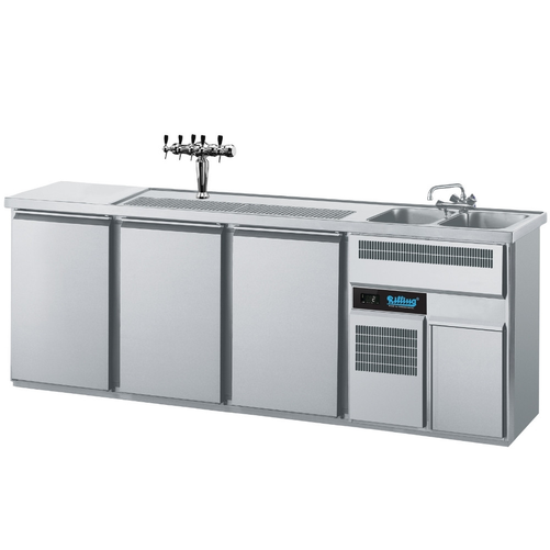 Barowy stół chłodniczy, 3-drzwiowy, ze zlewem 2-komorowym po prawej stronie, własne chłodzenie, blat, 0,4 kW, 2500x700x980 mm | RILLING, AGT M732R 81