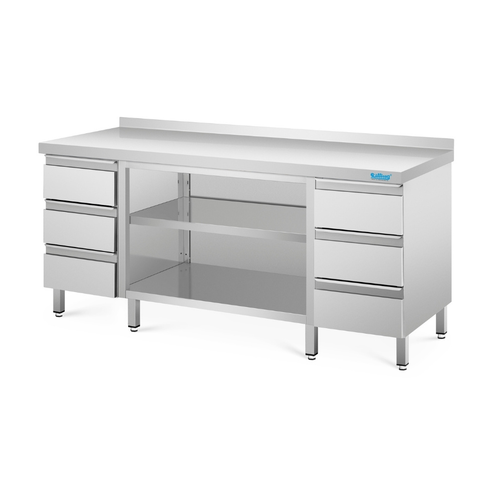 Stół przyścienny z rantem, z 1 półką i 3 szufladami, ze stali nierdzewnej, 1800x600x850(900) mm | RILLING, SG 0618C S3B0