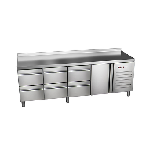 Stół chłodniczy, agregat z boku, 1-drzwiowy z drzwiami pełnymi, 6 szuflad, GN 1/1, 572 l, 0,336 kW, ze stali nierdzewnej, 2542x600x850 mm | ASBER, ETP-6-250-16 HC SB40