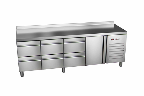Stół chłodniczy, agregat z boku, 1-drzwiowy z drzwiami pełnymi, 6 szuflad, GN 1/1, 581 l, 0,336 kW, ze stali nierdzewnej, 2242x700x850 mm | ASBER, ETP-7-225-16 HC SB40