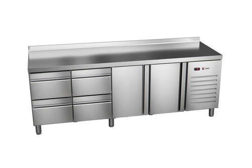 Stół chłodniczy, agregat z boku, 2-drzwiowy z drzwiami pełnymi, 4 szuflady, GN 1/1, 572 l, 0,336 kW, ze stali nierdzewnej, 2542x600x850 mm | ASBER, ETP-6-250-24 HC SB40