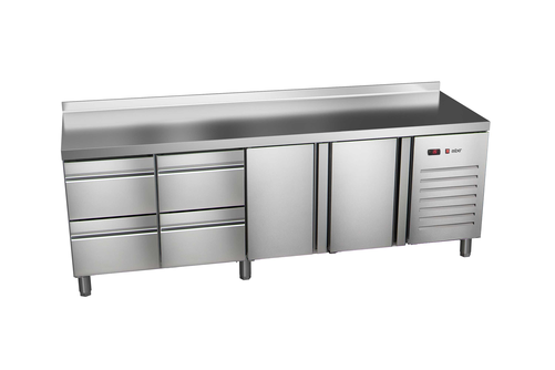 Stół chłodniczy, agregat z boku, 2-drzwiowy z drzwiami pełnymi, 4 szuflady, GN 1/1, 581 l, 0,336 kW, ze stali nierdzewnej, 2242x700x850 mm | ASBER, ETP-7-225-24 HC SB40