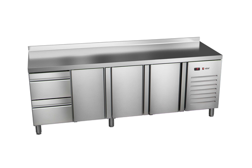 Stół chłodniczy, agregat z boku, 3-drzwiowy z drzwiami pełnymi, 2 szuflady, GN 1/1, 581 l, 0,336 kW, ze stali nierdzewnej, 2242x700x850 mm | ASBER, ETP-7-225-32 HC SB40