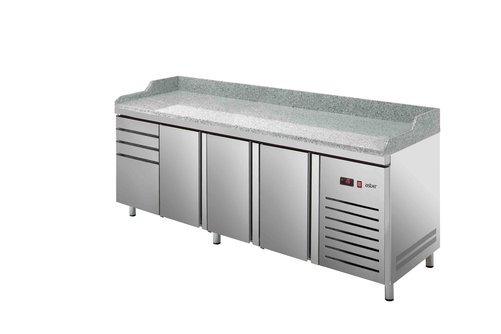 Stół chłodniczy, agregat z boku, 3-drzwiowy z drzwiami pełnymi, 4 szuflady, EN 600x400, 588 l, 0,253 kW, ze stali nierdzewnej, 2542x800x850 mm | ASBER, ETP-8-250-34 HC GR