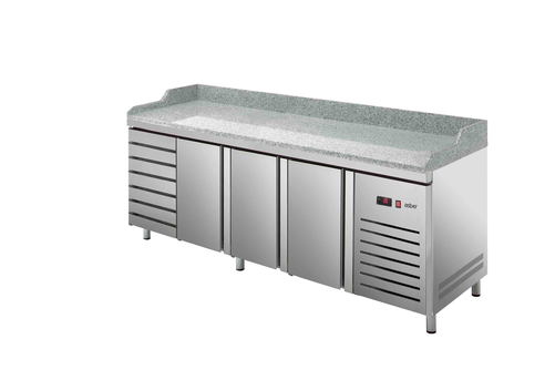 Stół chłodniczy, agregat z boku, 3-drzwiowy z drzwiami pełnymi, 7 szuflad, EN 600x400, 588 l, 0,253 kW, ze stali nierdzewnej, 2542x800x850 mm | ASBER, ETP-8-250-37 HC GR