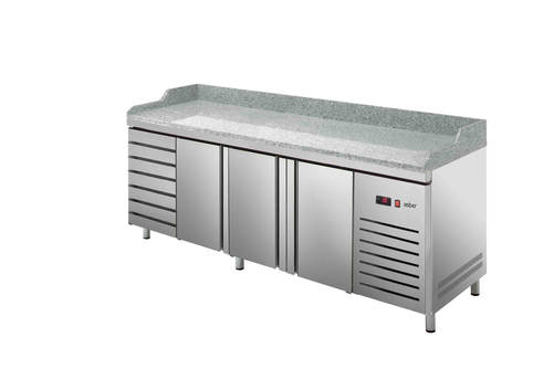 Stół chłodniczy, agregat z boku, 3-drzwiowy z drzwiami pełnymi, 7 szuflad, EN 600x400, 588 l, 0,253 kW, ze stali nierdzewnej, 2542x800x850 mm | ASBER, ETP-8-250-37 HC LLR GR