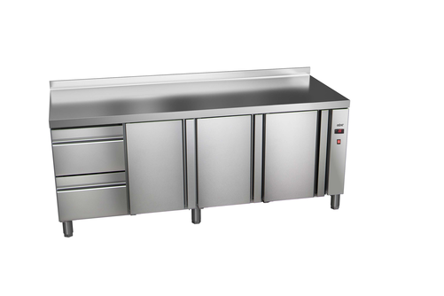 Stół chłodniczy, bez agregatu, 3-drzwiowy z drzwiami pełnymi, 2 szuflady, GN 1/1, 572 l, 0,032 kW, ze stali nierdzewnej, 2242x600x850 mm | ASBER, ETP-6-222-32 R HC SB40