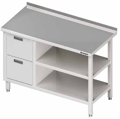 Stół przyścienny z blokiem dwóch szuflad po lewej stronie i dwiema półkami 1700x700x850 mm | STALGAST, 980287170