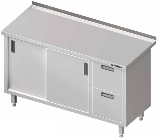 Stół przyścienny z blokiem dwóch szuflad po prawej stronie i szafką z drzwiami suwanymi 1900x700x850 mm | STALGAST, 980357190