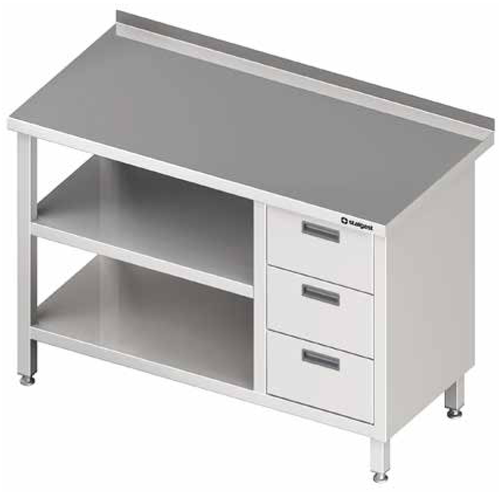 Stół przyścienny z blokiem trzech szuflad po prawej stronie i dwiema półkami 1500x700x850 mm | STALGAST, 980417150