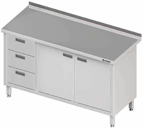 Stół przyścienny z blokiem trzech szuflad po lewej stronie i szafką z drzwiami skrzydłowymi 1400x700x850 mm | STALGAST, 980447140