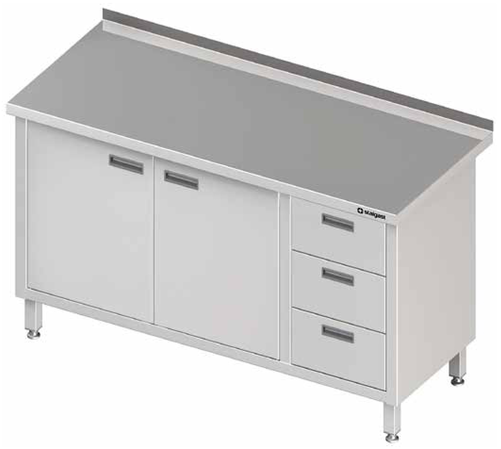 Stół przyścienny z blokiem trzech szuflad po prawej stronie i szafką z drzwiami skrzydłowymi 1600x700x850 mm | STALGAST, 980457160