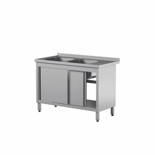 Stół przyścienny z dwoma zlewami i szafką ze stali nierdzewnej, 1000x600x850 mm, ECO Line | EDENOX, STW-106/2 PL L 2SD
