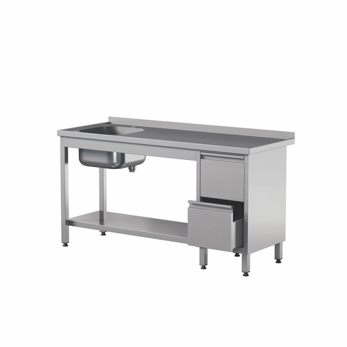 Stół przyścienny ze zlewem jednokomorowym, szufladami i półką ze stali nierdzewnej, 1000x700x850 mm, ECO Line | EDENOX, STW-107/1 PL L 2DR S