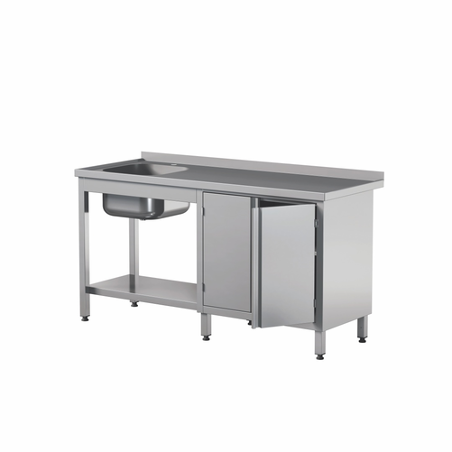 Stół przyścienny ze zlewem jednokomorowym, szafką i półką ze stali nierdzewnej, 1400x600x850 mm, ECO Line | EDENOX, STW-146/1 PL L 2HD S