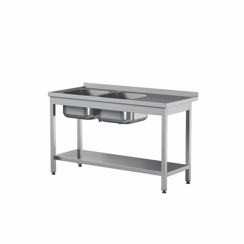 Stół przyścienny z dwoma zlewami i półką ze stali nierdzewnej, 2400x700x850 mm, ECO Line | EDENOX, STW-247/2 PL L S