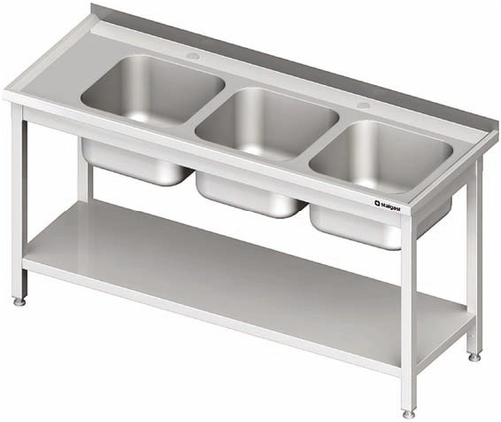 Stół ze zlewem trzykomorowym z półką 1500x600x850 mm | STALGAST, 981136150
