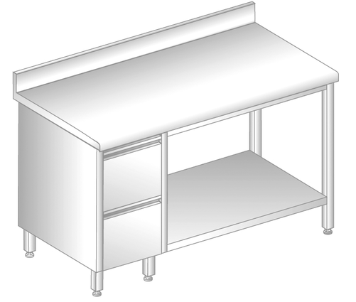 Stół z szufladami i półką 1400x600x850 mm, z krawędzią antybryzgową | DORA METAL, DM-S-3114