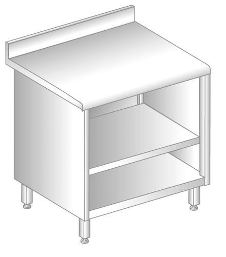 Stół z szafką otwartą i półką 700x700x850 mm, z krawędzią antybryzgową | DORA METAL, DM-S-3115