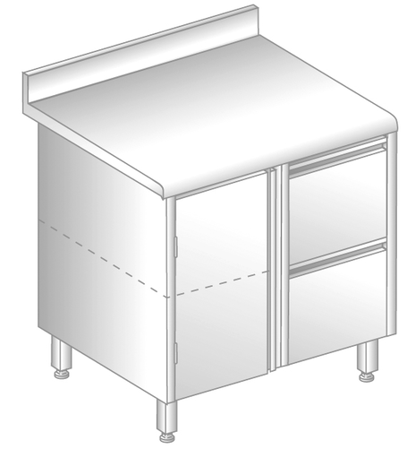 Stół z szafką i szufladami 800x700x850 mm, z krawędzią antybryzgową | DORA METAL, DM-S-3120