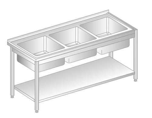 Stół z trzema zlewami i półką 1800x600x850 mm | DORA METAL, GT-3227