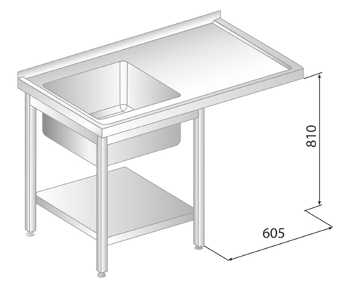 Stół ze zlewem, półką i miejscem na zmywarkę 1500x600x850 mm | DORA METAL, GT-3272