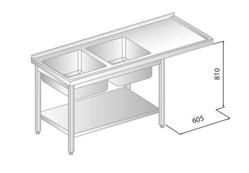 Stół z dwoma zlewami, półką i miejscem na zmywarkę 1900x600x850 mm | DORA METAL, GT-3273