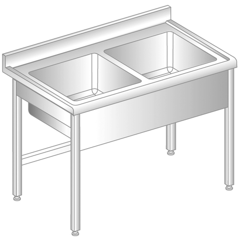 Stół z dwoma zlewami 1200x700x850 mm, z krawędzią antybryzgową | DORA METAL, DM-S-3009