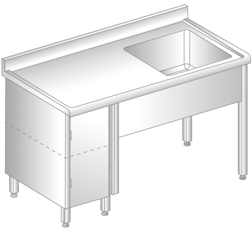 Stół ze zlewem i szafką 1300x600x850 mm, z krawędzią antybryzgową | DORA METAL, DM-S-3011